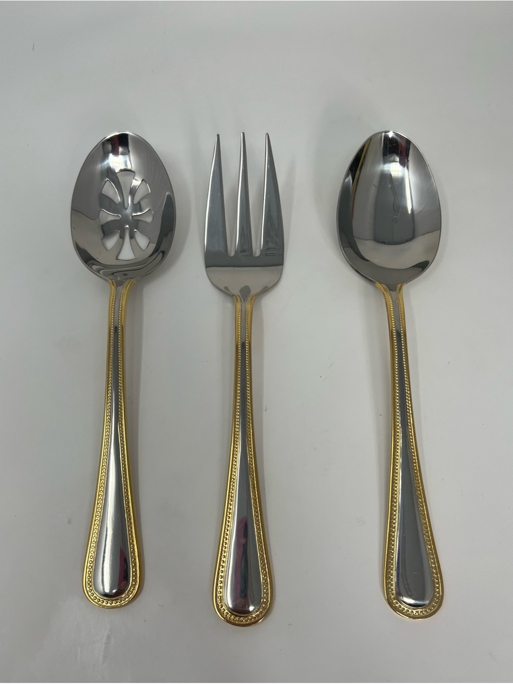 Wallace Gold Royal Bead Stainless Serving Set - 3 Pieces (Spoons & Fork) Vintage